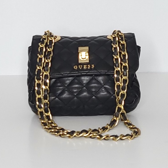 Guess Handbags - GUESS Black Quilted Leather Mini Purse w Gold Chain